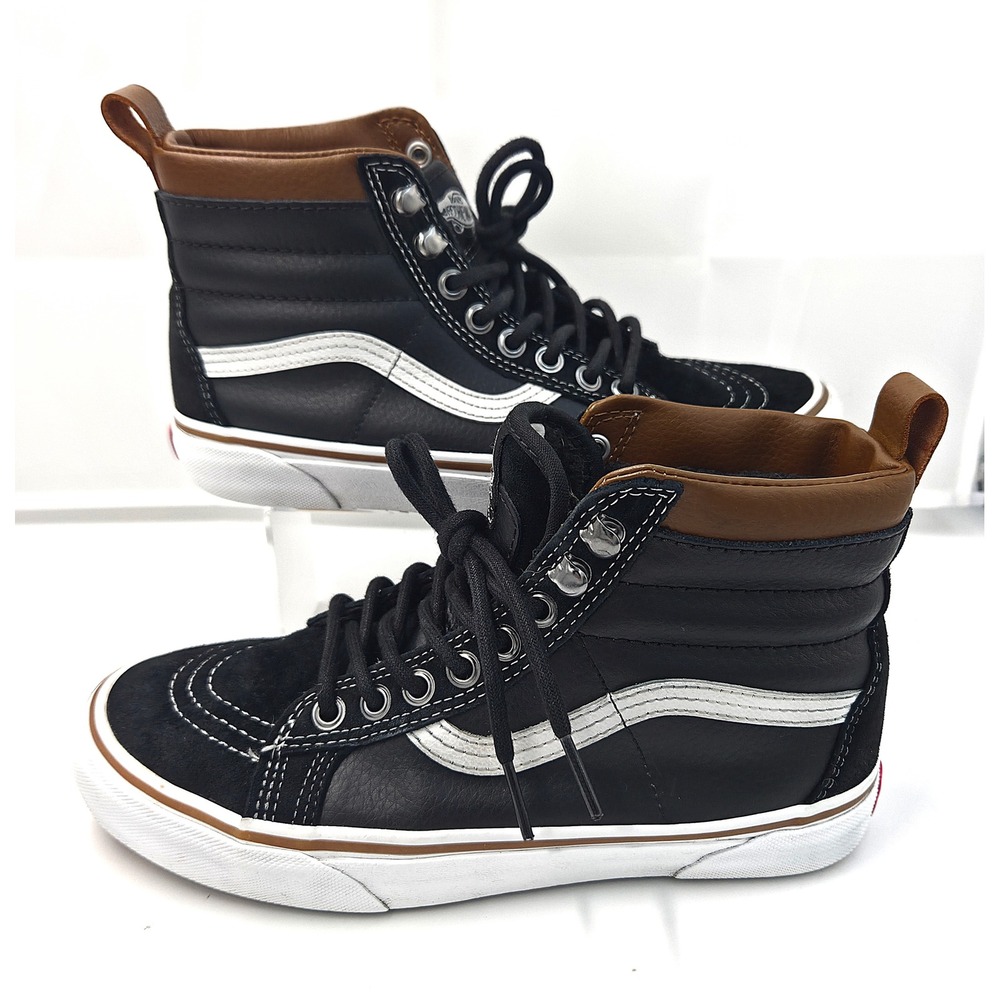 Vans Sk8-Hi MTE Black Leather Suede High Top Sneakers Brown Trim Faux Fur Lining